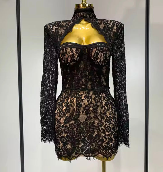 Women Black Sexy Turtleneck Full Sleeve Cut Out Lace Dress