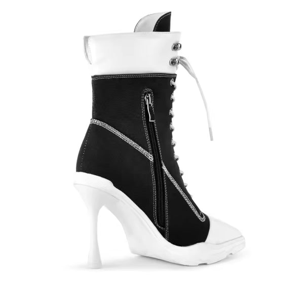 Women Color Patchwork Pointed Toe Lace Up Ankle Boots