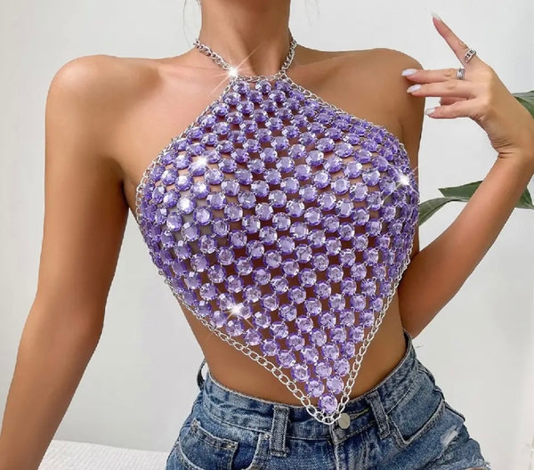 Women Sexy Fashion Purple Crystal Chain Halter Crop Top