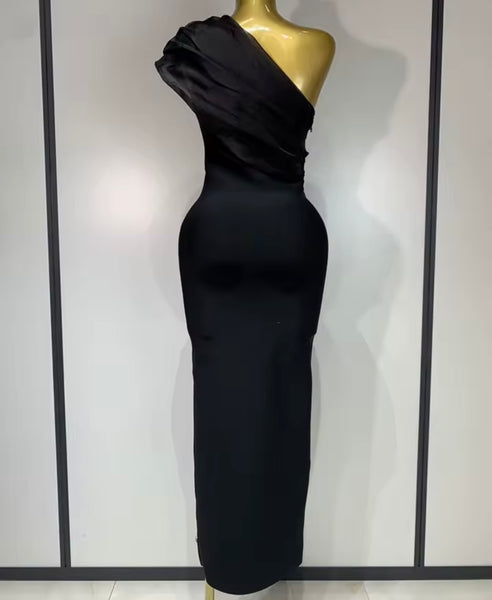 Women Sexy One Shoulder Mesh Sleeveless Crystal Maxi Dress