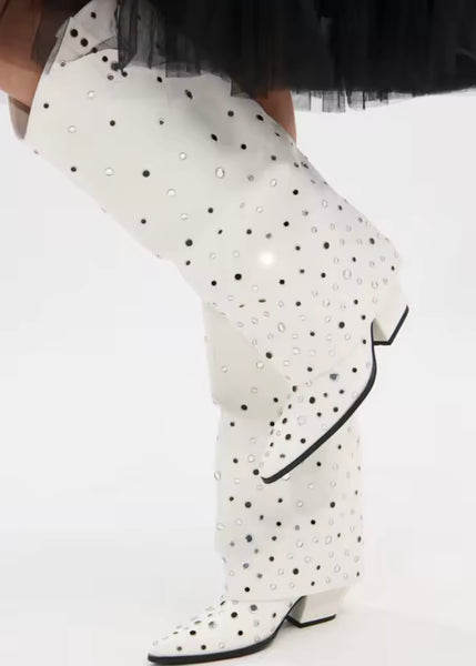 Women Fashion White Bling Rivet Knee High Western Boots