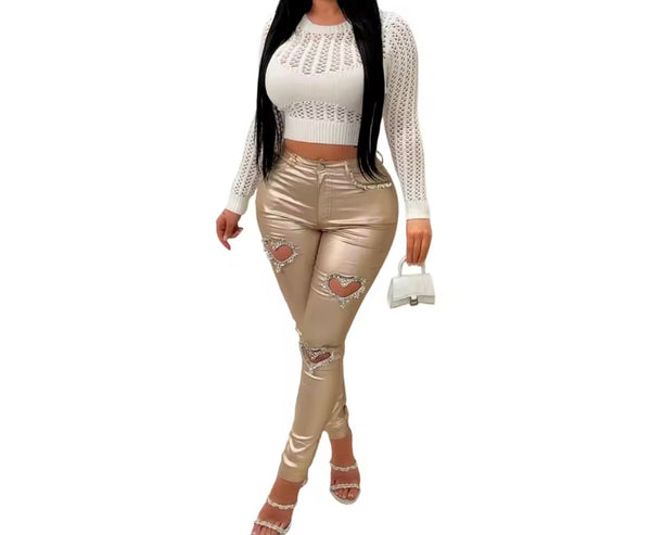 Women Fashion Rhinestone Heart Cut Out PU Pants
