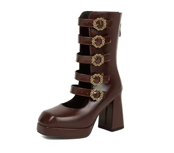 Women Fashion Square Toe Buckled Thick Heel Ankle Boots