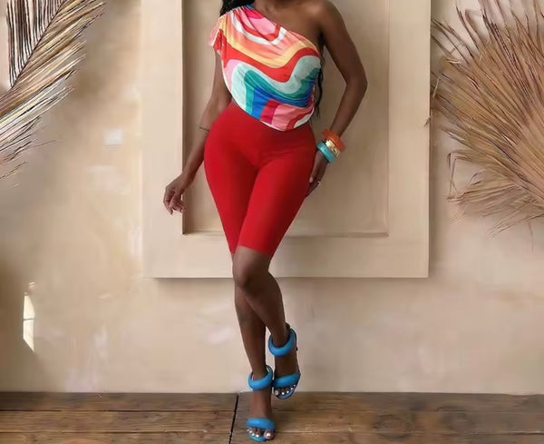 Women Off The Shoulder Colorful Crop Two Piece Short Set