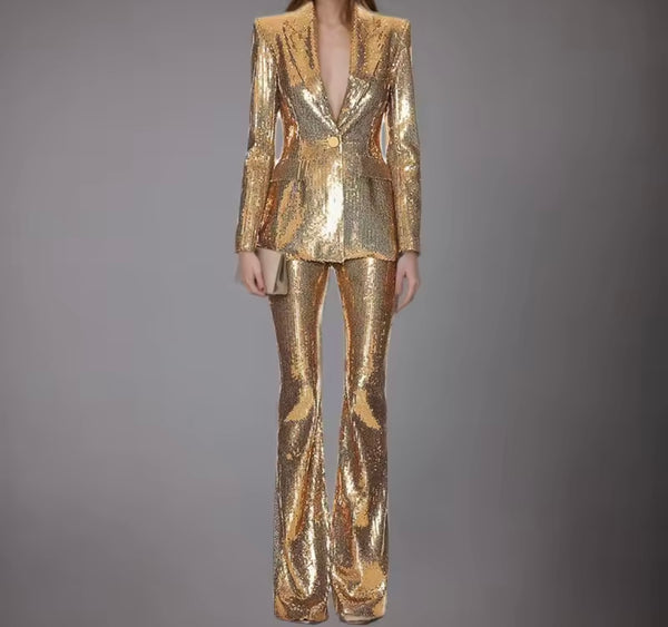 Women Fashion Gold Sequins Blazer Two Piece Pant Set