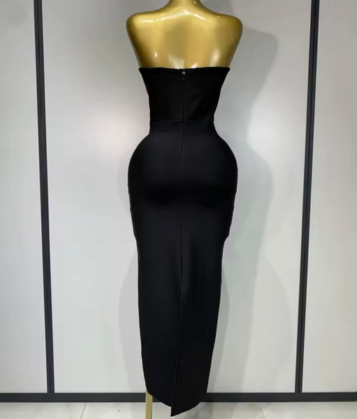 Women Black Strapless V-Neck Bling Bandage Sexy Maxi Dress