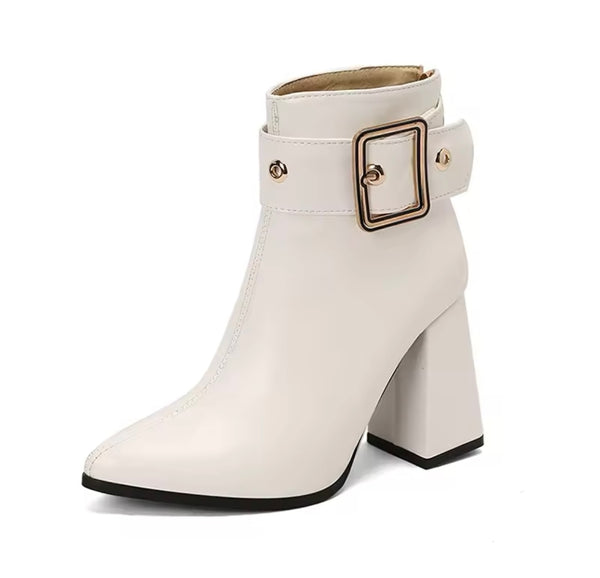 Women Fashion Pointed Toe Faux Leather Buckled Ankle Boots