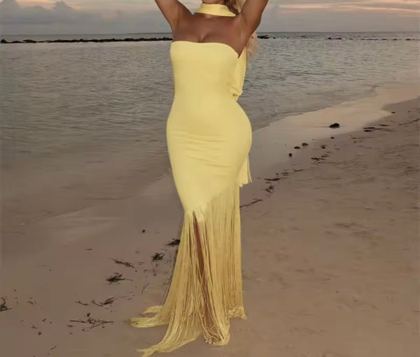 Women Sexy Strapless Scarf Fringe Tassel Maxi Dress