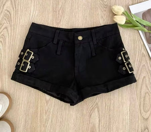 Women Fashion Color Buckled Denim Shorts