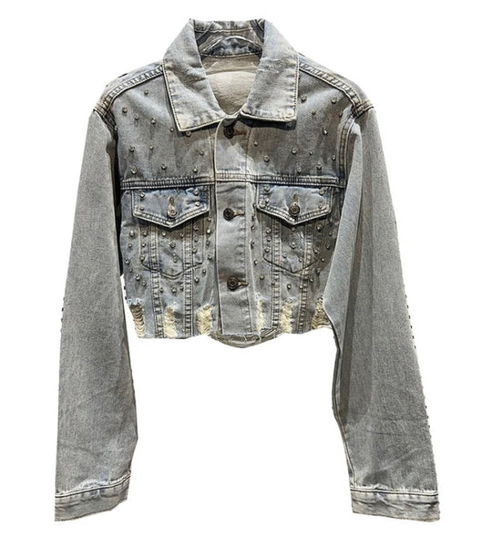 Women Rhinestone Fashion Button Up Ripped Denim Jacket