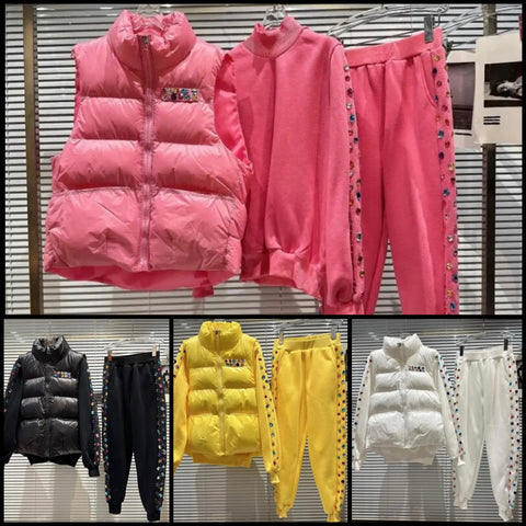 Women Fashion Colorful Gem Patchwork Puff Vest Three Piece Pant Set