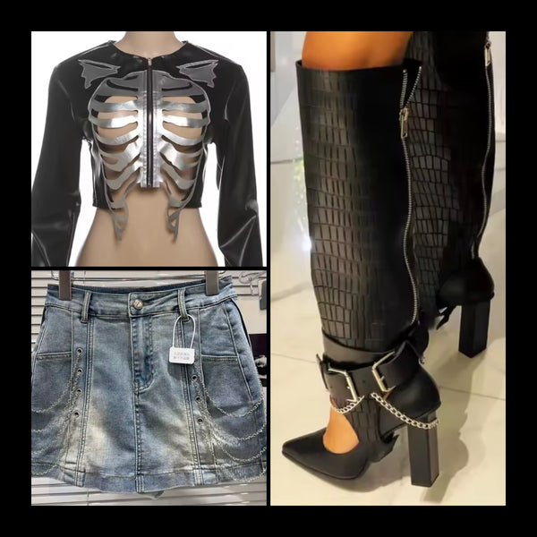 Women Black Buckled Chain Back Zipper Knee High Boots