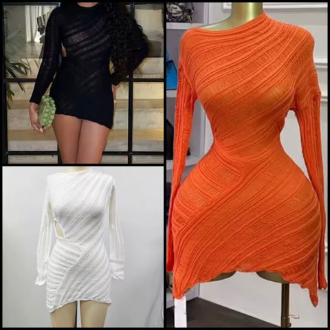 Women Sexy Solid Color Full Sleeve See Through Dress