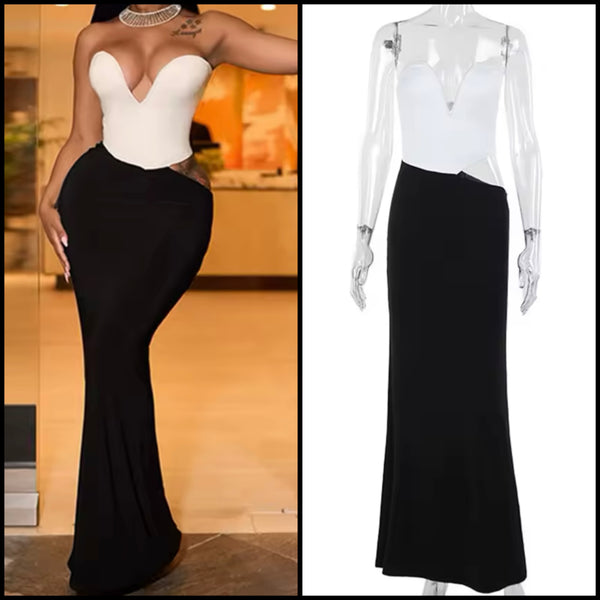 Women Sexy B&W Strapless Cut Out Maxi Dress