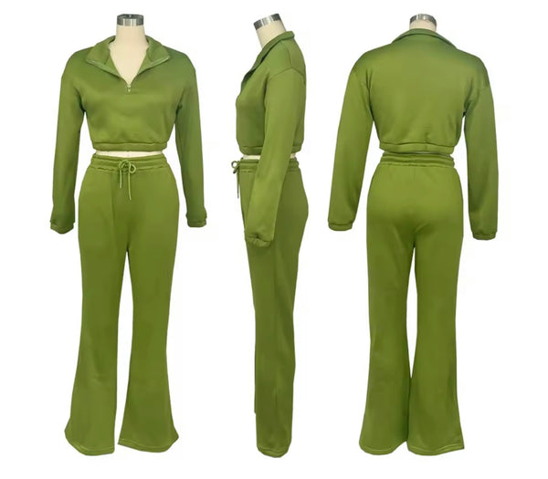 Women Fashion Zip Up Full Sleeve Crop Sweater Two Piece Pant Set