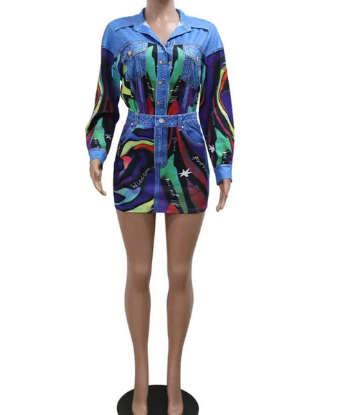 Women Sexy Full Sleeve Printed Denim Patchwork Two Piece Skirt Set