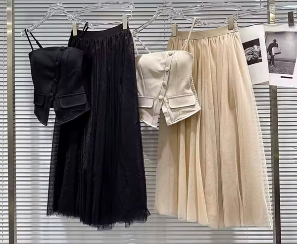 Women Button Up Sleeveless Crop Two Piece Maxi Skirt Set