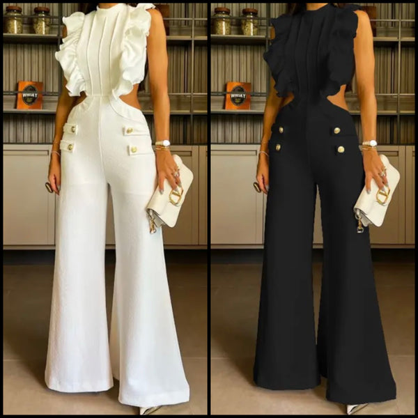 Women Sexy Button Ruffled Sleeveless Wide Leg Jumpsuit