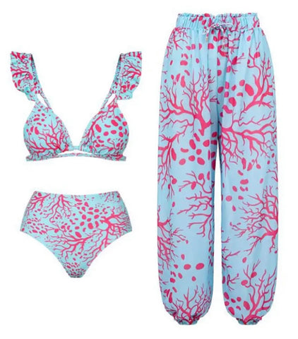 Women Sexy Blue Pink Printed Bikini Cover Up Set