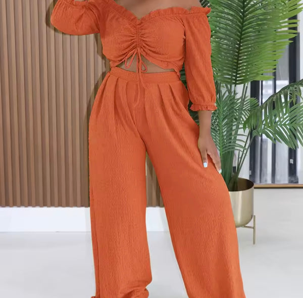 Women Off The Shoulder Full Sleeve Ruched Two Piece Pant Set