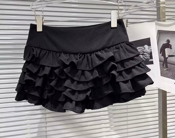 Women Black Button Up Tweed Vest Two Piece Ruffled Skirt Set