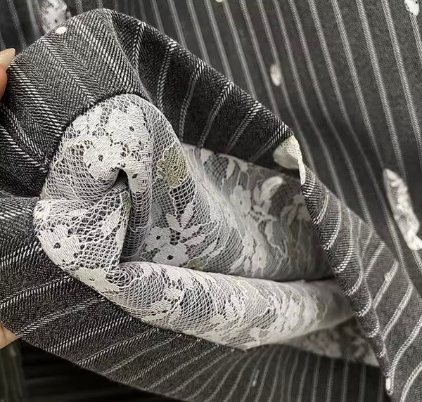 Women Gray Pinstriped Lace Patchwork Fashion Pants