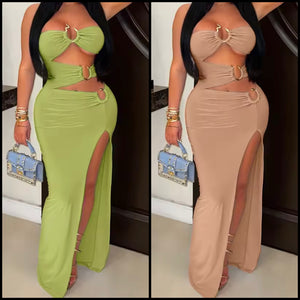 Women Sexy Strapless Color Metal Cut Out Maxi Dress
