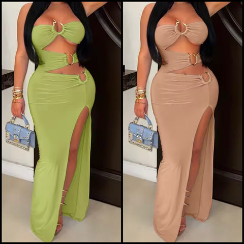 Women Sexy Strapless Color Metal Cut Out Maxi Dress