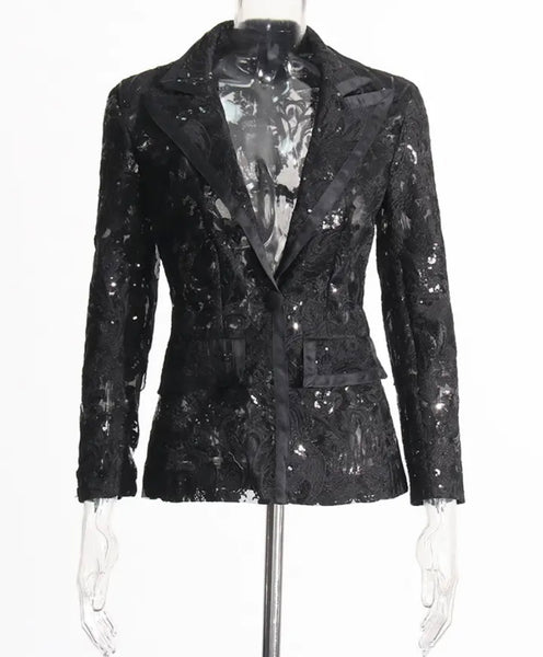 Women Sexy Fashion Black Lace Sequins Two Piece Blazer Pant Set