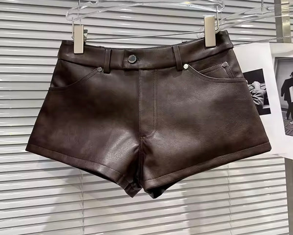 Women Fashion Brown Faux Leather Jacket Two Piece Short Set