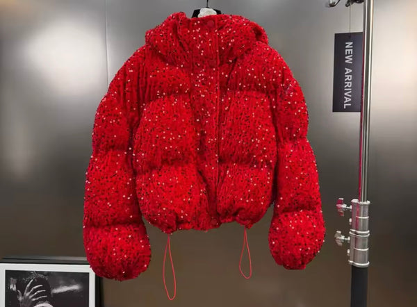 Women Fashion Sequins Hooded Puff Jacket