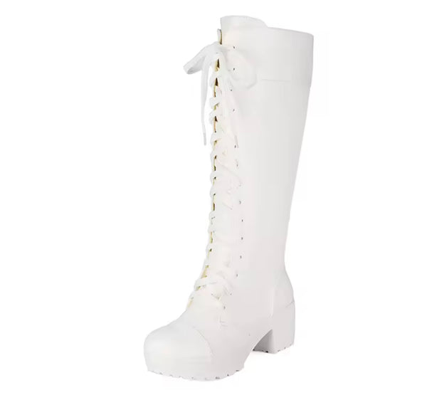Women Fashion Faux Leather Tie Up Knee High Boots