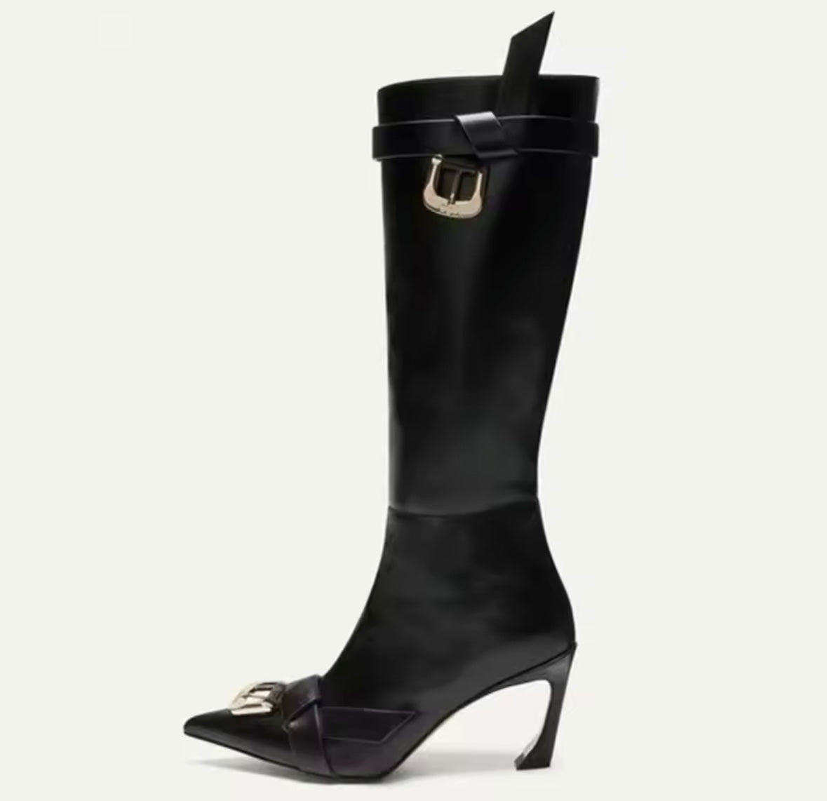 Women Buckled Pointed Toe Faux Leather Knee High Boots