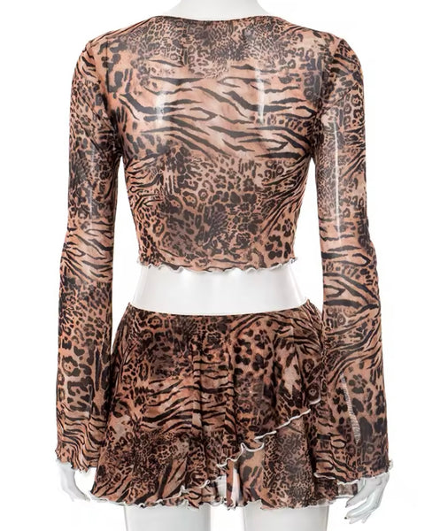 Women Sexy Leopard Full Sleeve Two Piece Ruffled Skirt Set