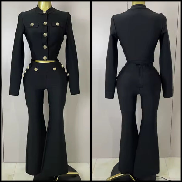 Women Black Gold Button Full Sleeve Two Piece Pant Set