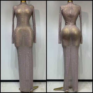 Women Sexy See Through Mesh Bling Full Sleeve Maxi Dress