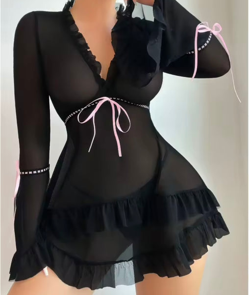 Women Sexy Bow Mesh Ruffled Full Sleeve Lingerie Set