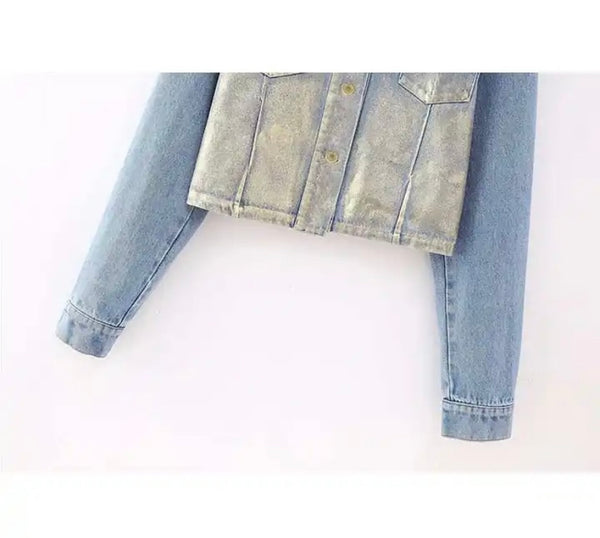 Women Fashion Metallic Patchwork Two Piece Denim Jacket Skirt Set