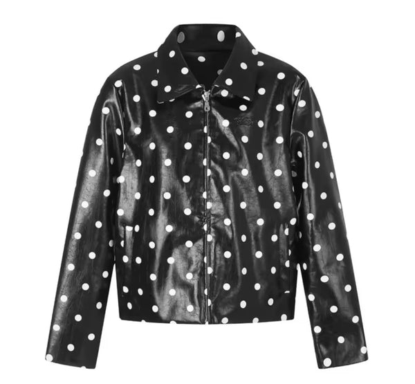 Women Fashion Black Polka Dot Faux Leather Jacket