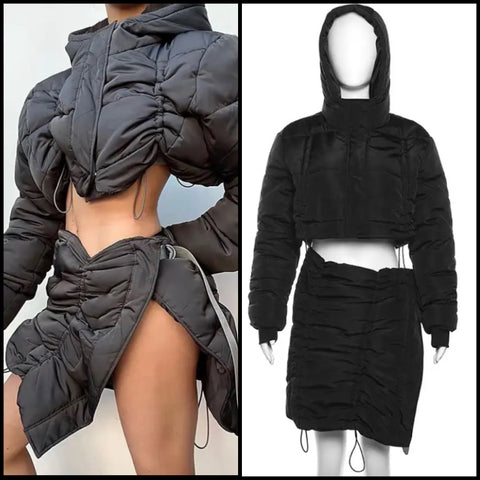 Women Black Hooded Drawstring Two Piece Jacket Skirt Set