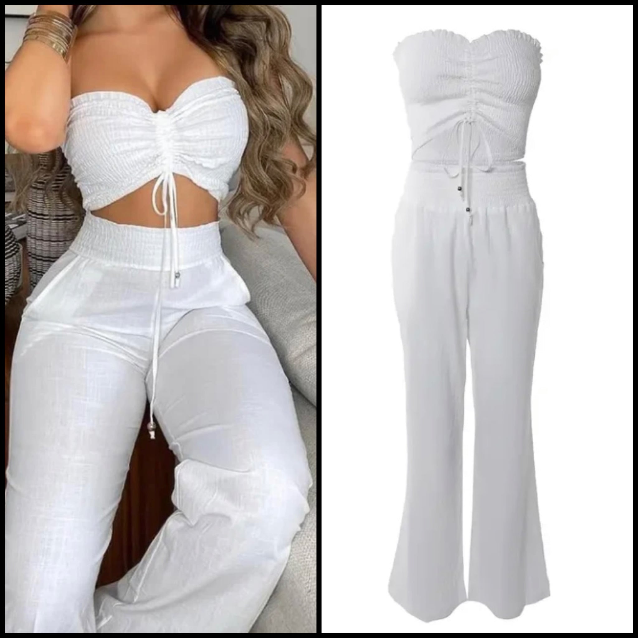 Women White Sexy Strapless Two Piece Pant Set