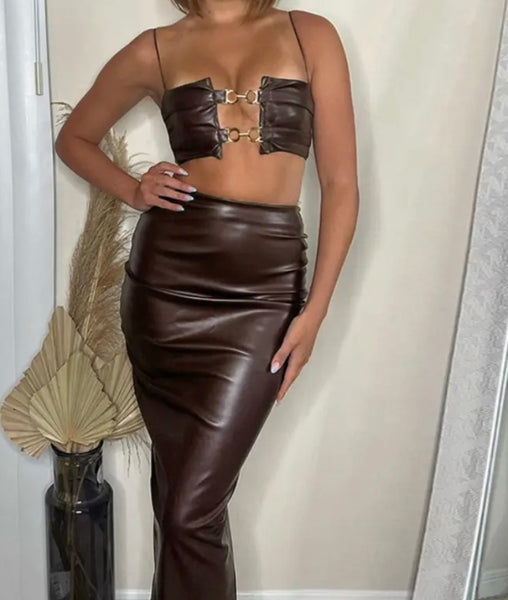 Women Sexy Brown Sleeveless Faux Leather Two Piece Skirt Set