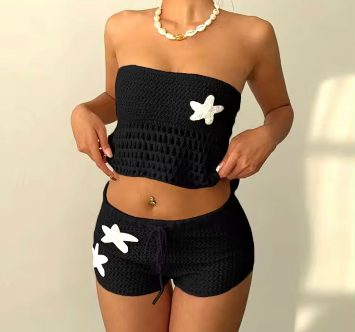 Women Sexy Strapless Tie Up Open Back Knitted Two Piece Short Set