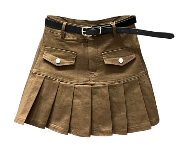 Women Pocket Pleated Fashion Denim Skirt