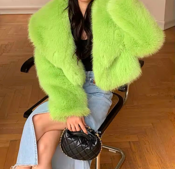 Women Fashion Green Faux Fur Jacket