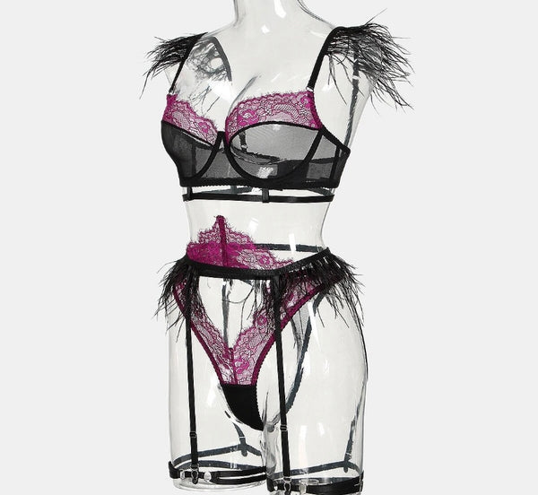 Women Sexy Color Patchwork Lace Feather Lingerie Set