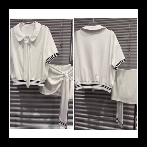 Women Collar Tie Striped Short Sleeve Two Piece Skirt Set
