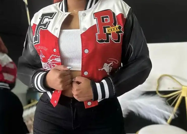 Women Fashion Color Patchwork Letter Print Varsity Jacket