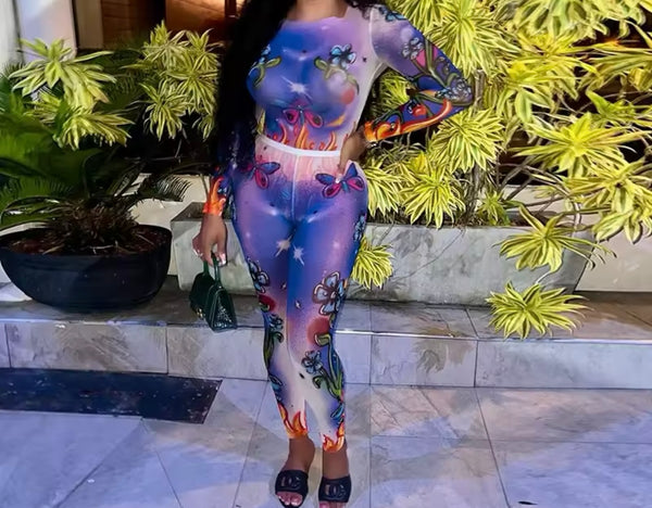 Women Sexy Multicolored Print Full Sleeve Two Piece Mesh Pant Set