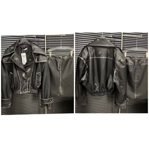 Women Black Fashion Faux Leather Jacket Two Piece Skirt Set